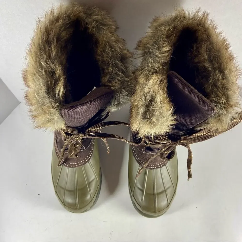 Bearpaw women Snow Boots‎ 6 Faux Fur Trim Duck Boots Lace Up Brown Olive 6M